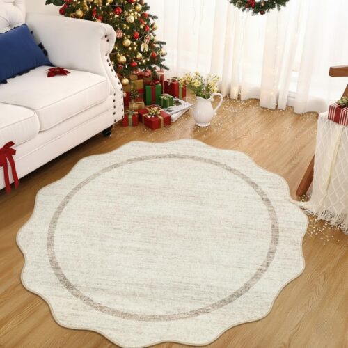 Scalloped Beige Non-Slip Low-Pile Washable Rug