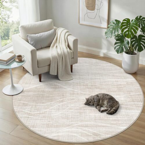 Beige Modern Striped Low-Pile Washable Rug