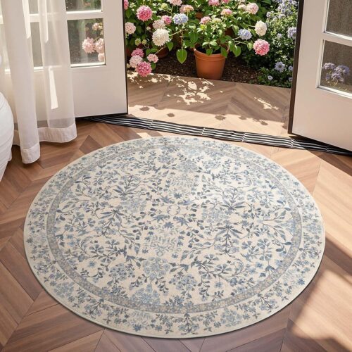 Blue Cream Floral Washable Low-Pile Carpet