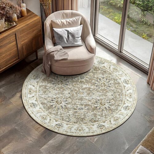Taupe Vintage Floral Distressed Washable Ultra-Thin Rug