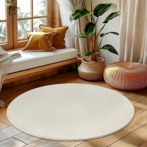 Cream Solid Geometric Jacquard Washable Fluffy Rug