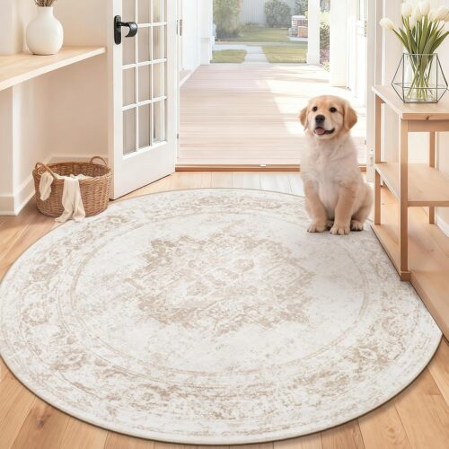 Beige Distressed Washable Low-Pile Slip-Resistant Rug