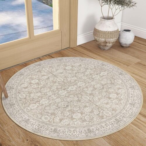 Cream Beige Distressed Floral Washable Rug