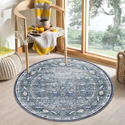 Vintage Navy Distressed Faux-Wool Washable Rug