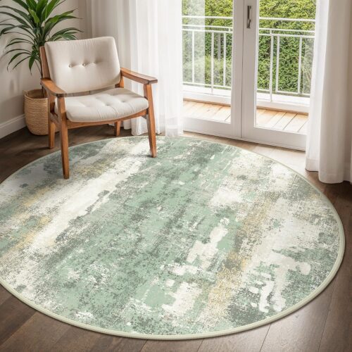 Light Green Abstract Modern Washable Low-Pile Rug