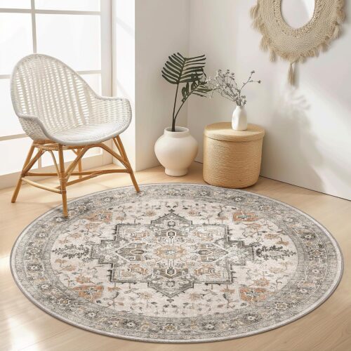 Taupe Vintage Floral Lightweight Stain-Resistant Washable Rug