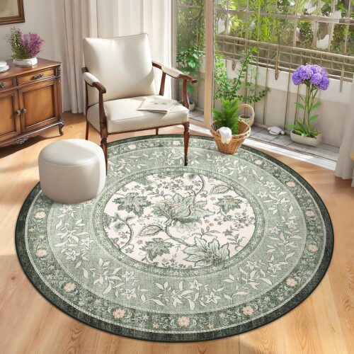 Sage Green Botanical Cottagecore Washable Low-Pile Rug