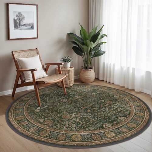 Dark Green Brown Vintage Floral Washable Rug