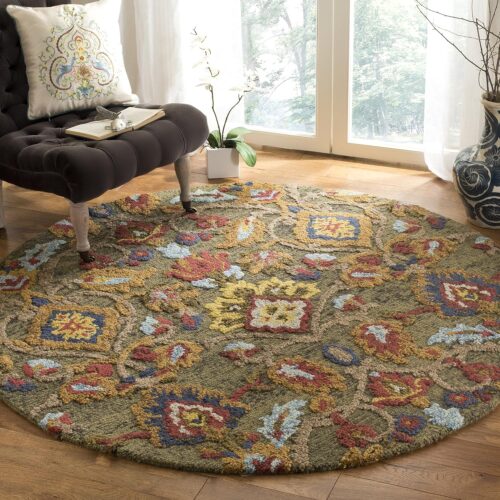 Green Multi-Coloured Handmade Wool Area Rug