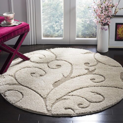 Cream Beige Scroll-Pattern High-Low Plush Rug